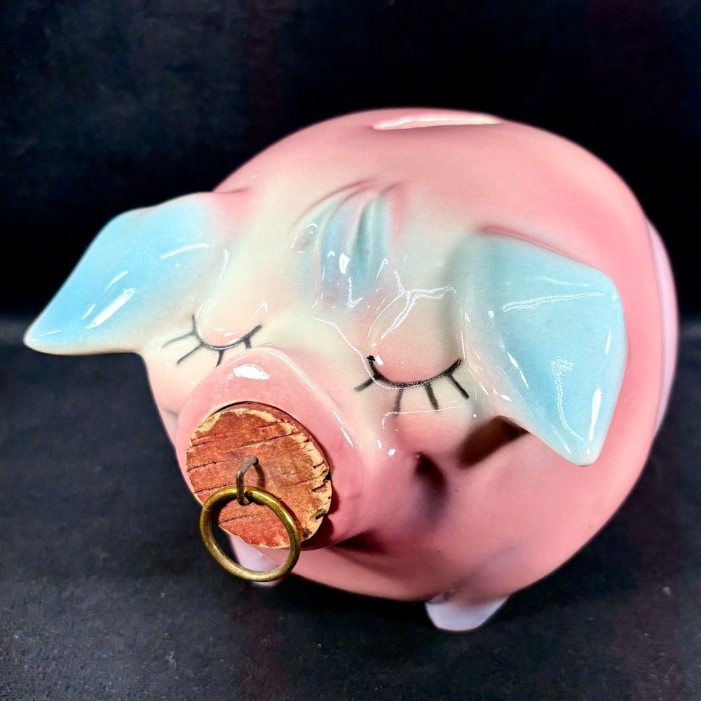 Vintage 1957 Corky Pig Piggy Bank Pink w/ Blue Ears & Shading Cork Hull Pottery